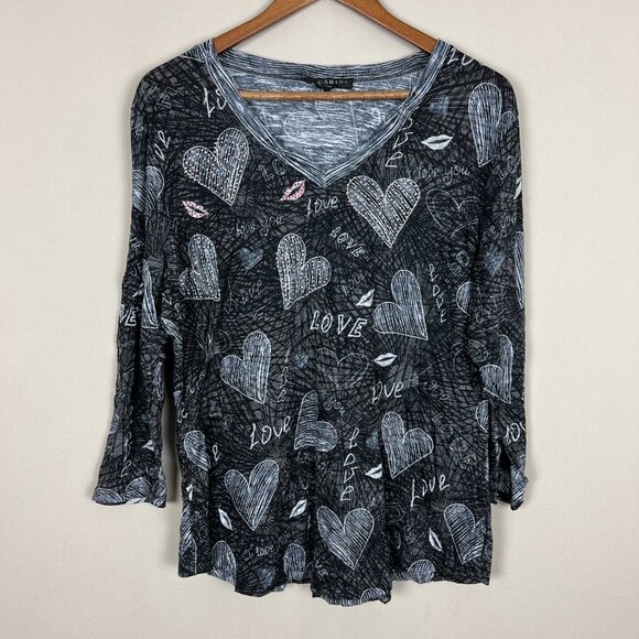 Carine Tops - Carine‎ Top Womens XL Crushed Heart Love Kiss Lightweight Knit 3/4 Sleeve Gray